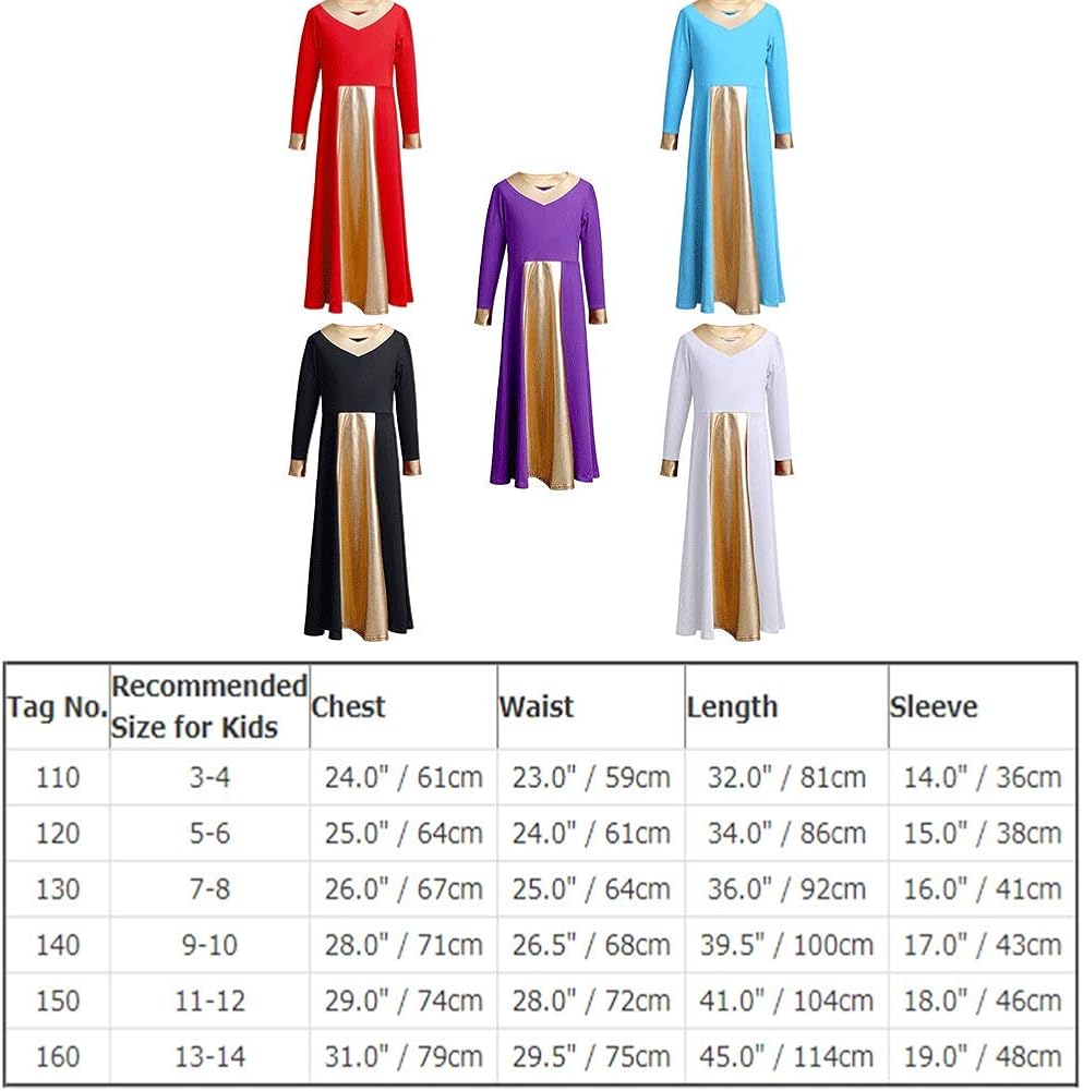 IBAKOM Girls Metallic Gold V-Neck Praise Dance Dresses Liturgical Church Loose Fit Full Length Color Block Worship Dancewear : Clothing, Shoes & Jewelry