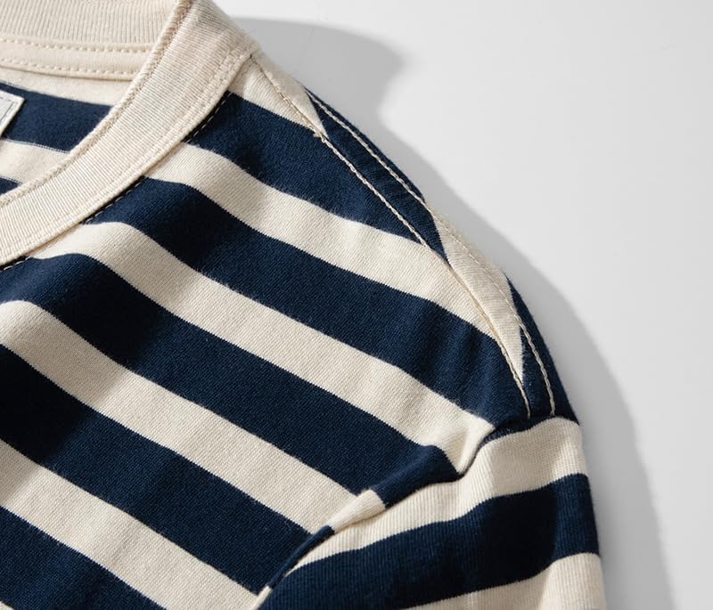 [Caividom] 厚手ロンT メンズ ストライプ 長袖Tシャツ ヘンリーネック コットン ソフト 通気構造 ロング丈 オフィス