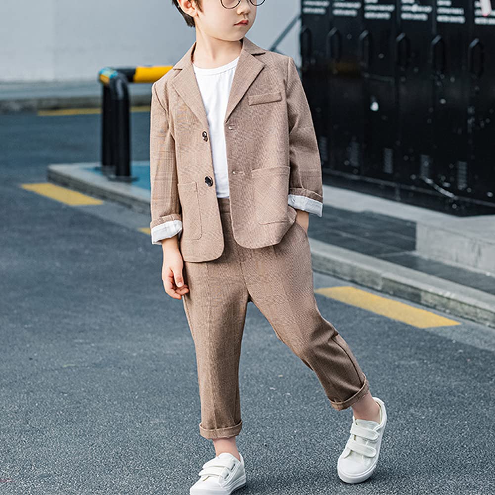 HONGBI Kinder Junge Festlichen Anzug Set Grau Plaid Kinder Blazer und Hosen Outfit 3 Stück Freizeitkleidung Kinder Sommer Taufe Hochzeit Gentleman Anzüge Kinderanzüge 2-12 Jahre Jungen Freizeitanzug