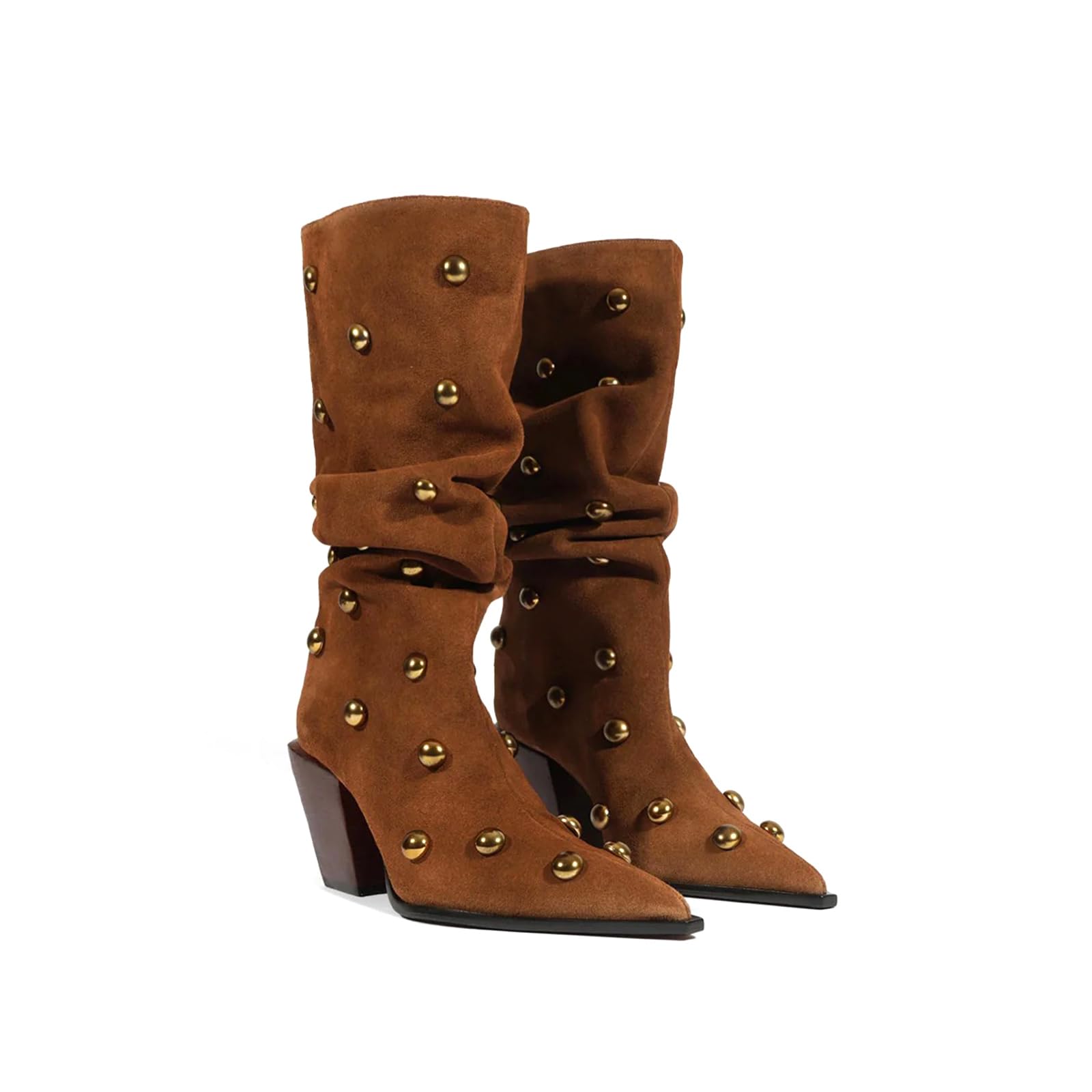 Womens Studded Fold over Boots Suede Knee High Boots Chunky Block High Heel Pointed Toe Pull on Fashion