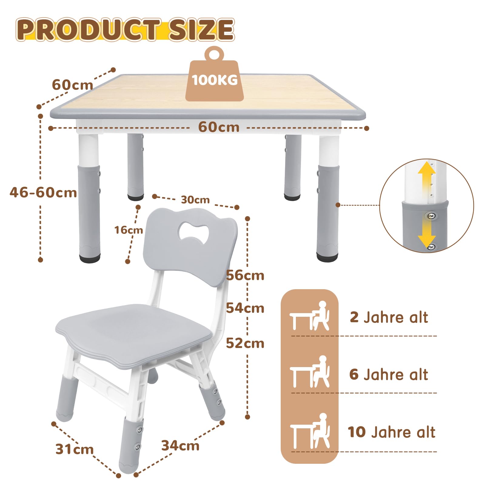 Kindersitzgruppe, HöHenverstellbar Kindertisch mit 2 StüHlen, Kinder Tisch Stuhl Set für Kinder Im Alter Von 2-10 Jahren, Plastic Kinderstuhl und Tisch, 100kg TragfäHigkeit (60×60cm)