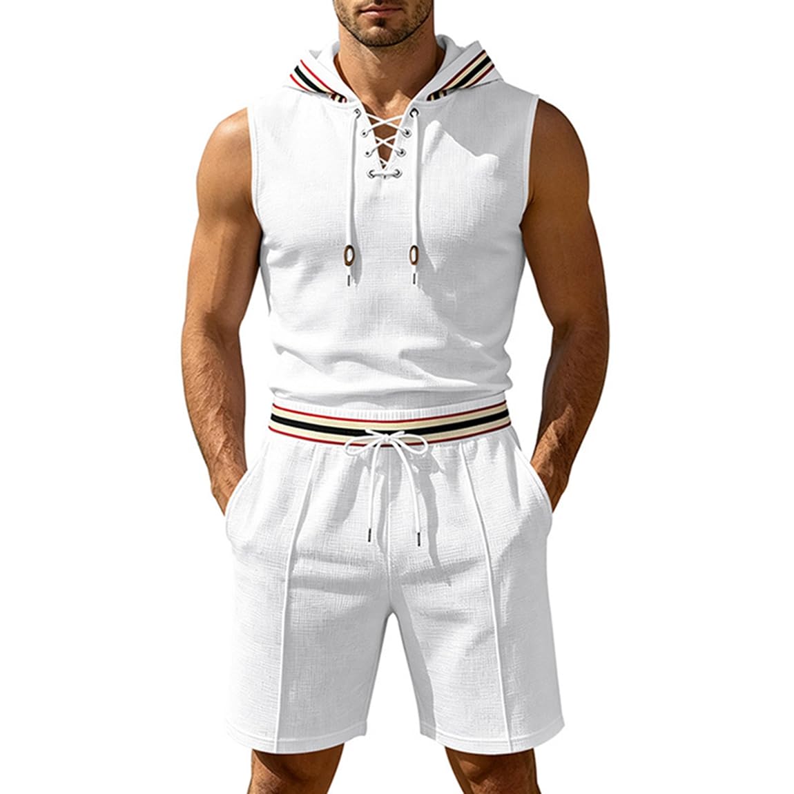 Générique Ensemble Homme Été 2 Pièces Débardeur Sans Manches et Short en Lin Mélangé Tenue Décontractée Respirante Style Casual Plage Vacances