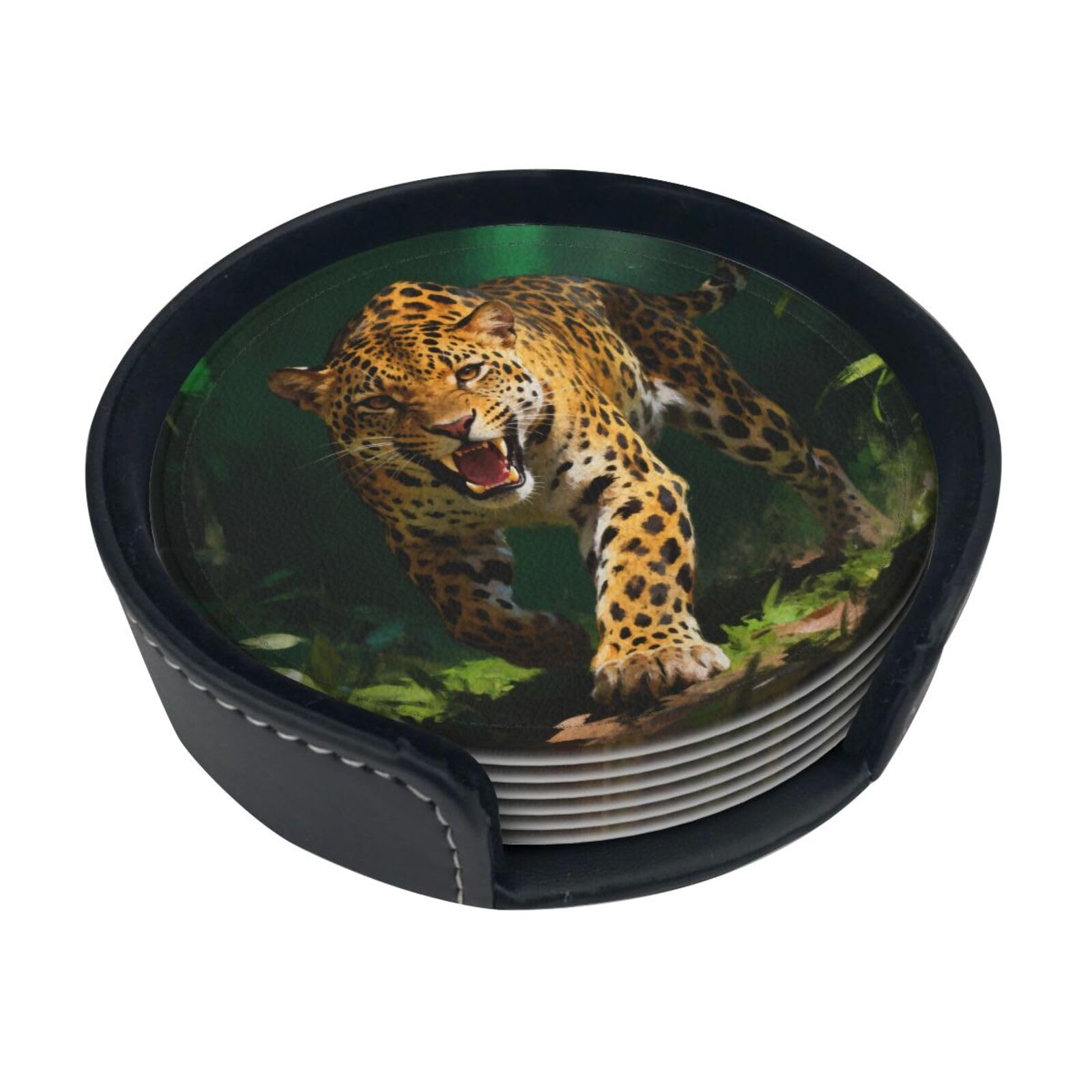 Cntdbu White Leopard Leather Coasters Set Of 6-Pu Leather Drink Mats For Table, Heat Resistant Round Coasters With Holder
