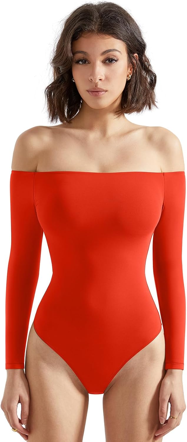 SUUKSESS Women Off the Shoulder Long Sleeve Bodysuit Double Lined Thong Bodysuit