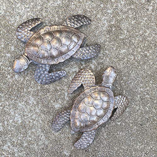 Sea Turtles, Beach Metal Art, Set Of 2, Nautical Wall Hanging Figurines Home Decoration, Under The Sea Marine Life Animals, Handmade In Haiti 6 X 7.75 Inches Haitian Metal Plaques #TOP2