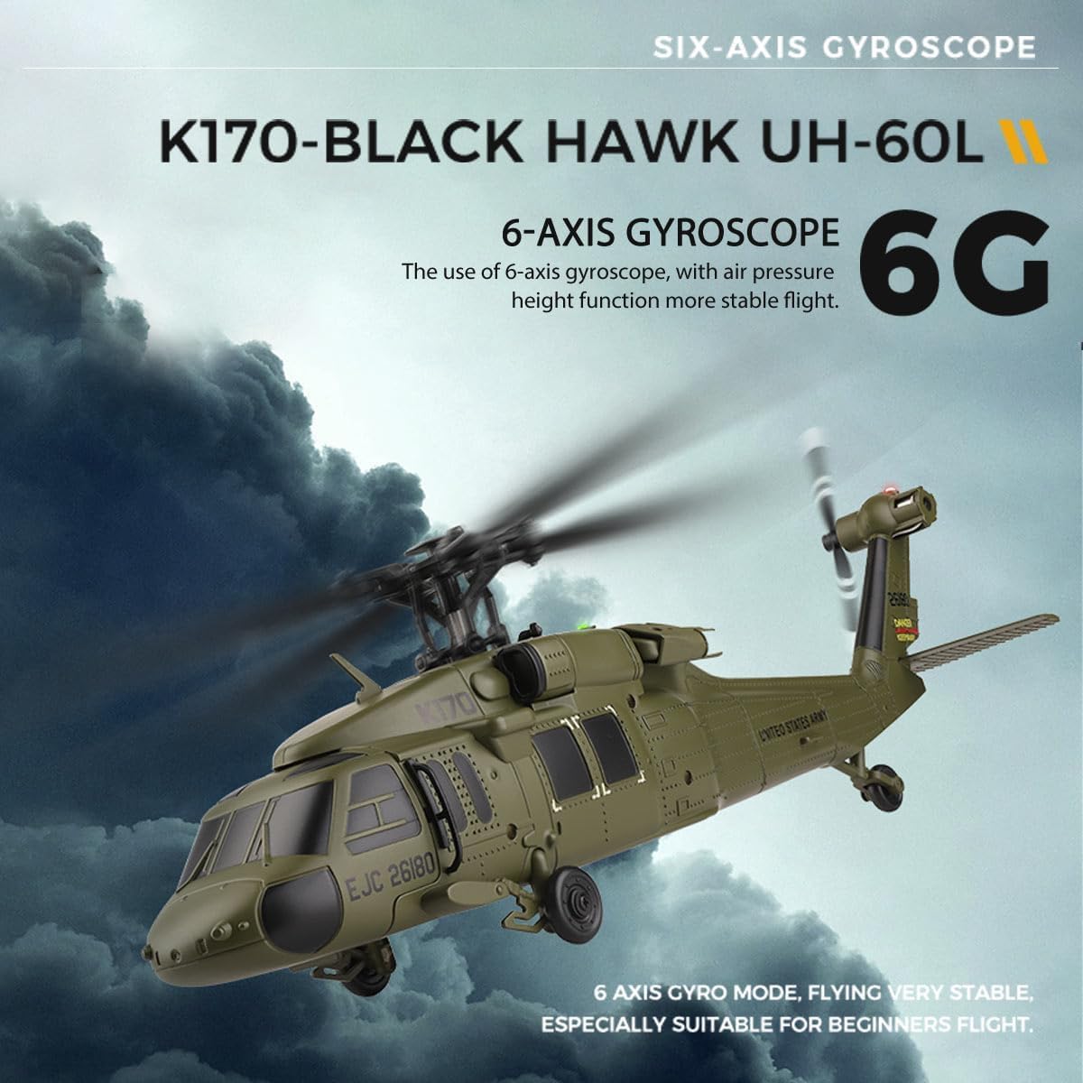 NULA K170 UH60L RC Hubschrauber für Erwachsene, 2,4G 4CH 6-Achsen-Gyro Ferngesteuerter Helikopter Militärflugzeug Bürstenloser Motor Höhenschwebeflug – RTF / 3 Akku