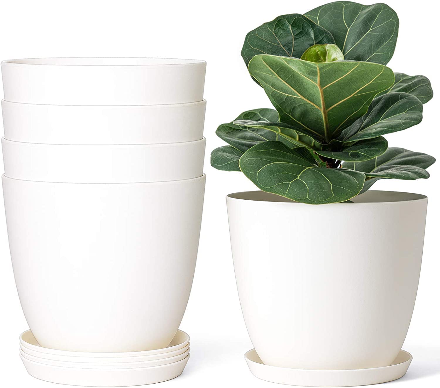 10" Plastic Plant Pots for Plants with Saucers, Indoor Set of 5 Plastic Planters Modern Flower Pot with Drainage Hole for All House Plants, Herbs, Flowers, and Seeding Nursery, Cream White (B0BPXHSN31) Amazon Price History, Amazon Price Tracker