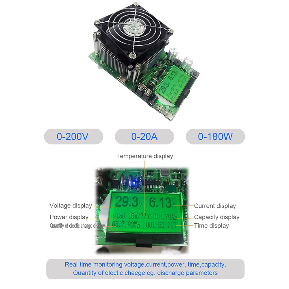 Comprobador de batería de corriente constante multifuncional, 180 W, 0-20 A, 0-200 V, comprobador de capacidad de la batería, precisión de ajuste doble, carga electrónica