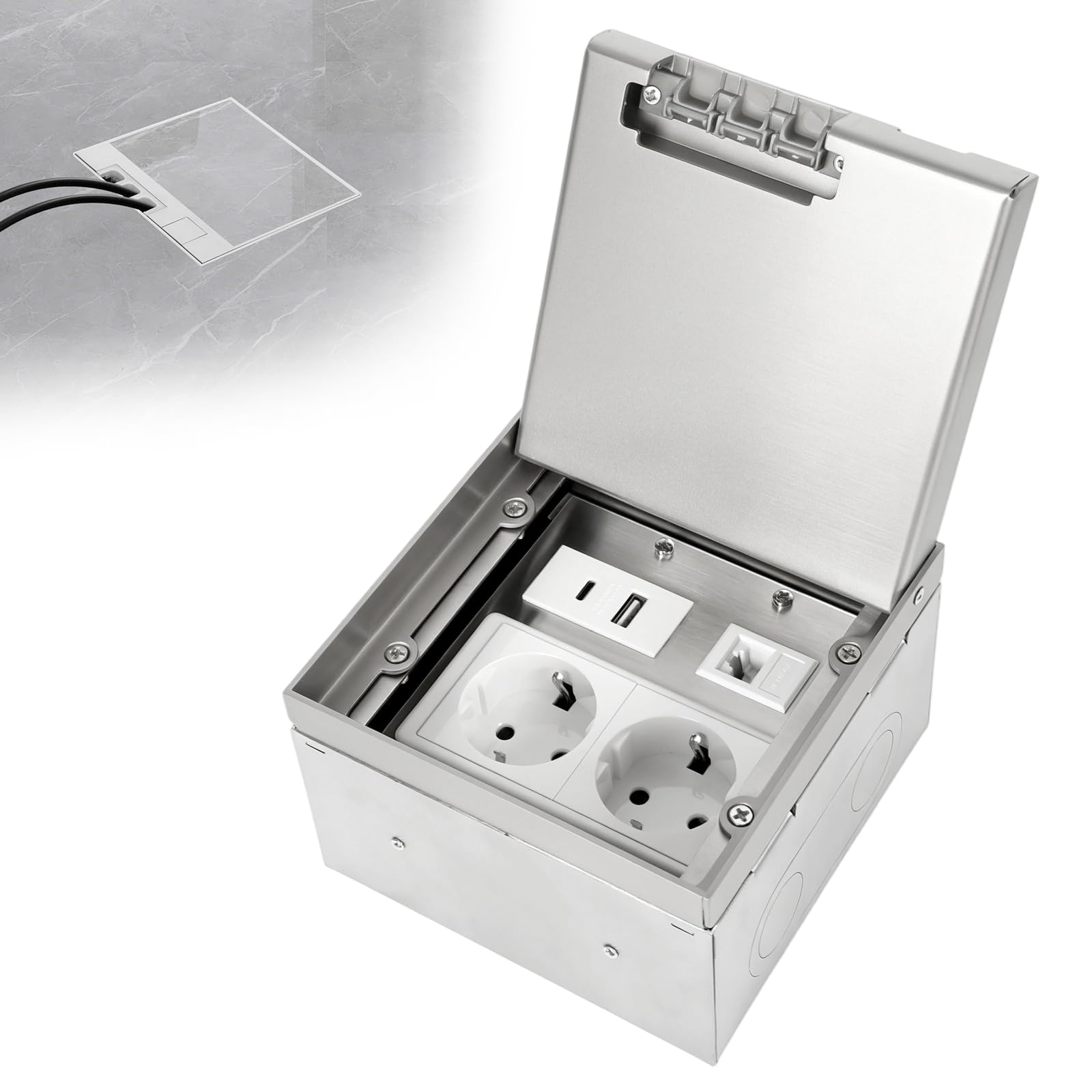 Bodentank Bodensteckdose, Edelstahl-Einbausteckdose Wasserdichte Bodeneinbaudose mit 2AC+1USB A+C+1RJ45, Versenkte Steckdose für Boden (Edelstahl)