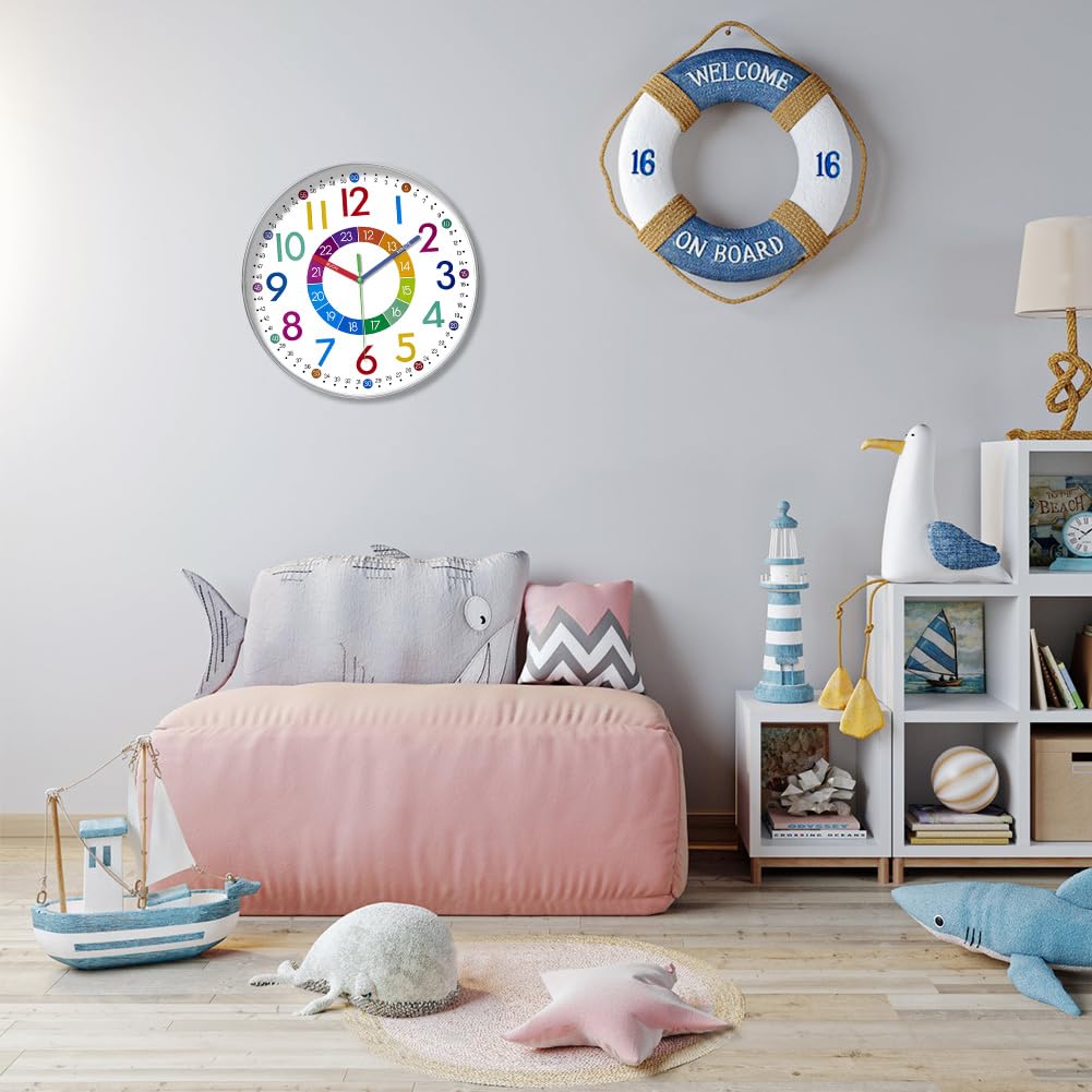 Orologio Da Parete Per Bambini RANJIMA 30 Cm - Silenzioso, Formato 12/24 Ore, Colorato