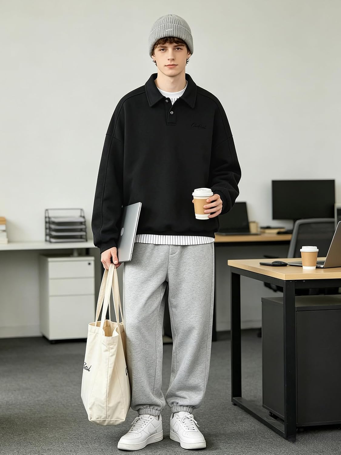Men's Quarter Zip Polo Sweatshirt Boxy Fit Air Layer Pullover Oversized Drop Shoulder Soft Fleece Lined