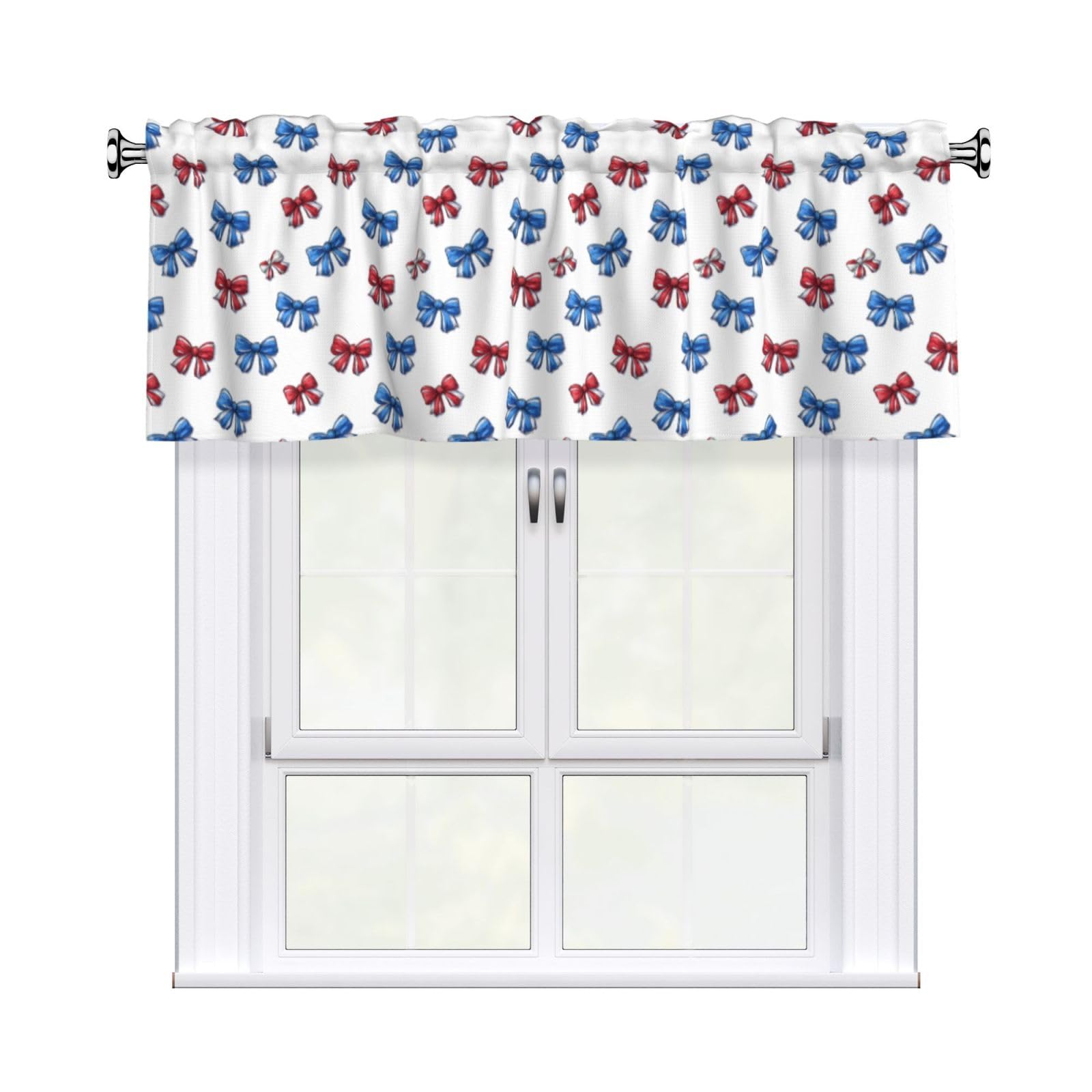 Woshuwo Blue Red And White Bows Valances For Windows Rod Pocket Window Treatment Short Curtains For Kitchen Living Room Bedroom Decor 54x18in