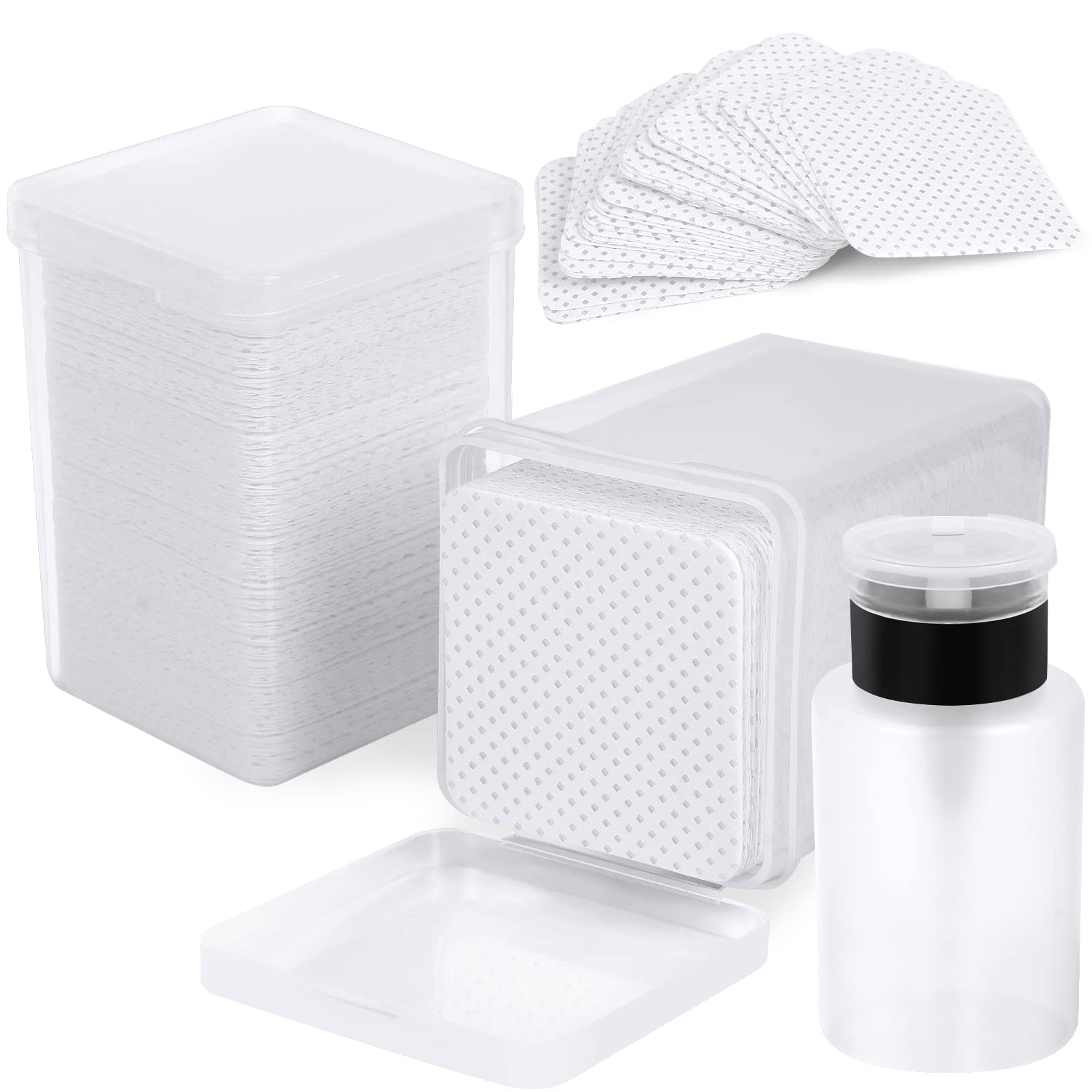 400 Pieces Nail Cotton Pads,1 Pull-Down Pump Dispenser Bottle, Super Absorbent Soft Non-Woven Eyelash Glue Wipes, Nail Polish dehumidifier for Eyelash Extension Products and Nail Oil Bottle (White)