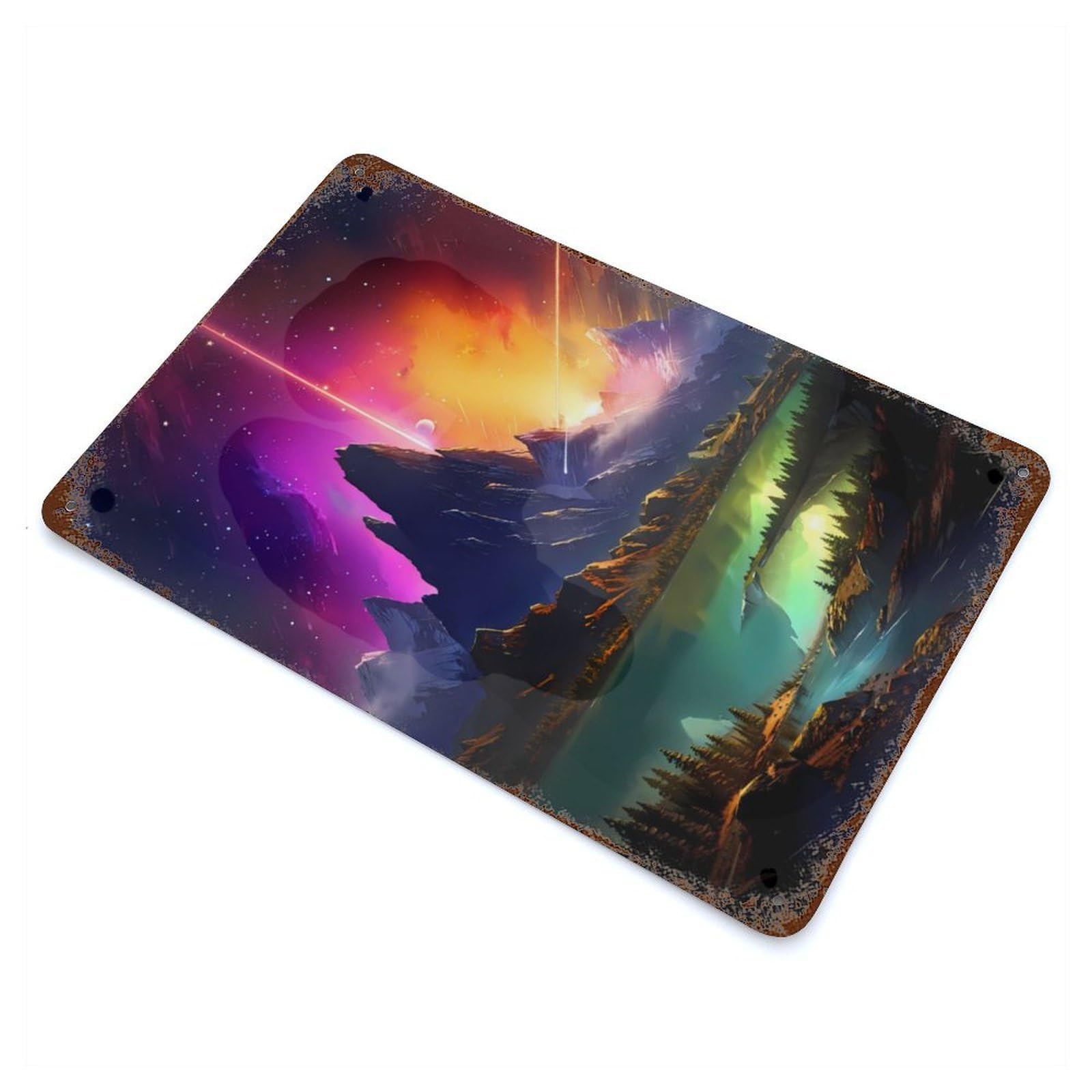 Distressed Metal Wall Sign Cosmic Mountain Lake 11.8"x7.9", Vintage Wall Decor for Garage, Bar And Workshop Decor