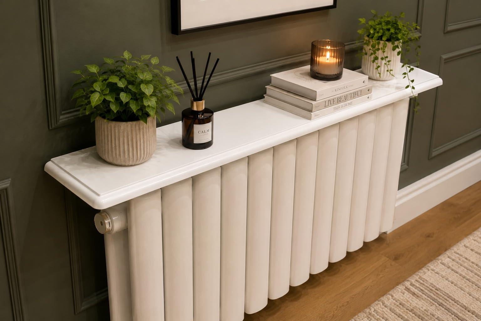 B & Z Radiator Shelf – No Drill MDF Wooden Shelf with Metal Brackets – Easy Fit Over Radiator Shelf – Heat Deflector & Floating Display Shelf – White – Multiple Sizes (90cm x 13cm)