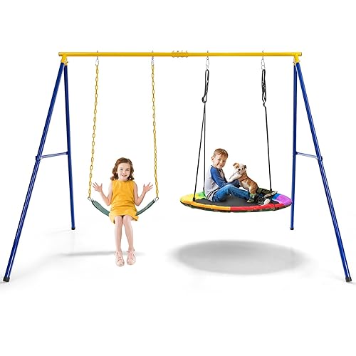 COSTWAY Portique Balançoire Extérieur en Métal avec 2 Balançoires, Balançoire