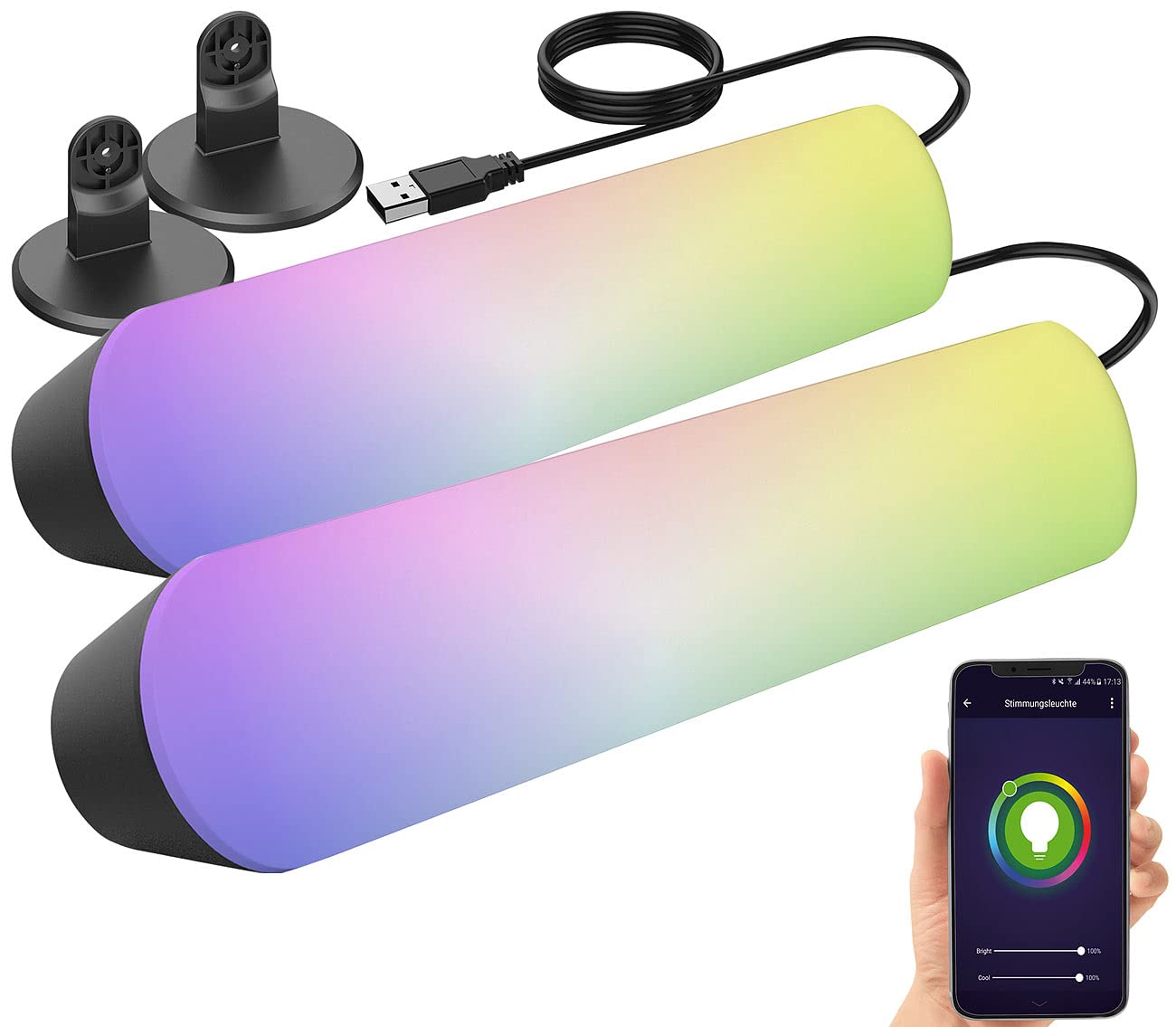 Luminea Home Control Lightbar: 2er-Set WLAN-USB-Stimmungsleuchte mit RGB+CCT-LEDs, App, 80 lm, 3,5 W (LED Lightbar, CCT Lampen, Dot)