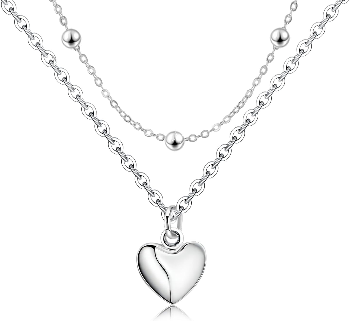 Heart Layered Necklaces for Women - Sterling Silver Adjustable Heart Pendant Necklace Stacked Bead Double Chain Charm Necklace Fashion Gifts for Christmas Birthday for Teen Girls Girlfriend Wife