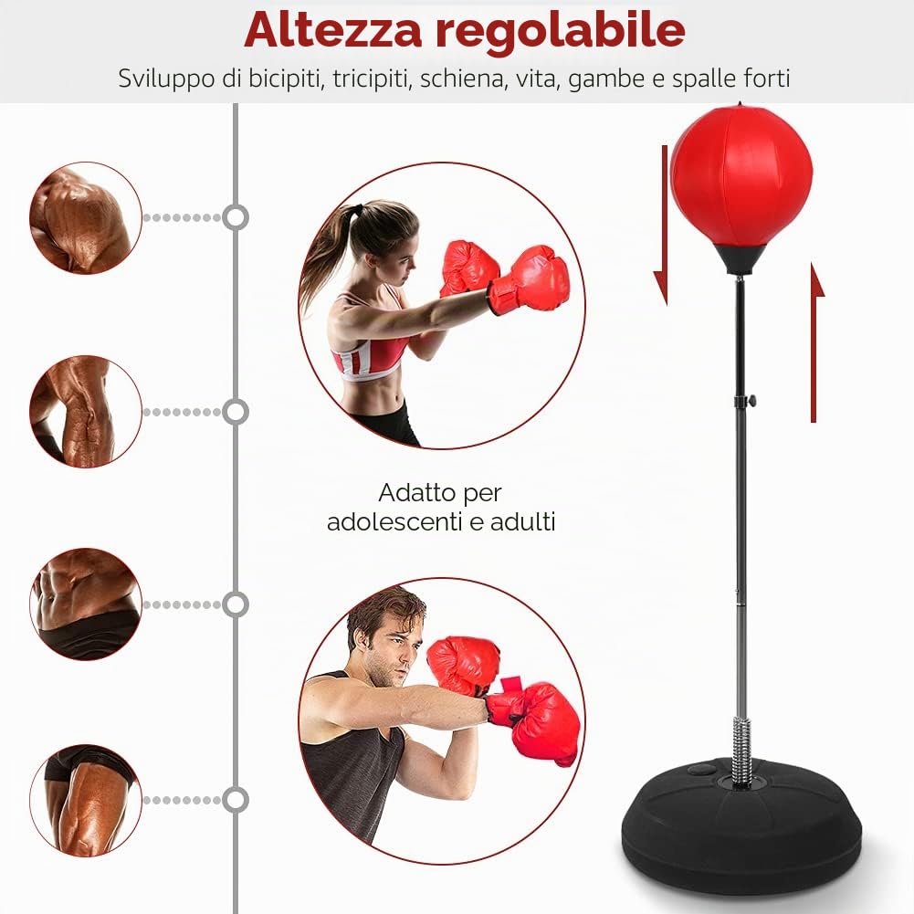 Sacco da boxe da adulto con supporto e, regolabile in altezza da 120 a 150 cm, colore rosso, adatto per l'uso professionale in palestra e a casa