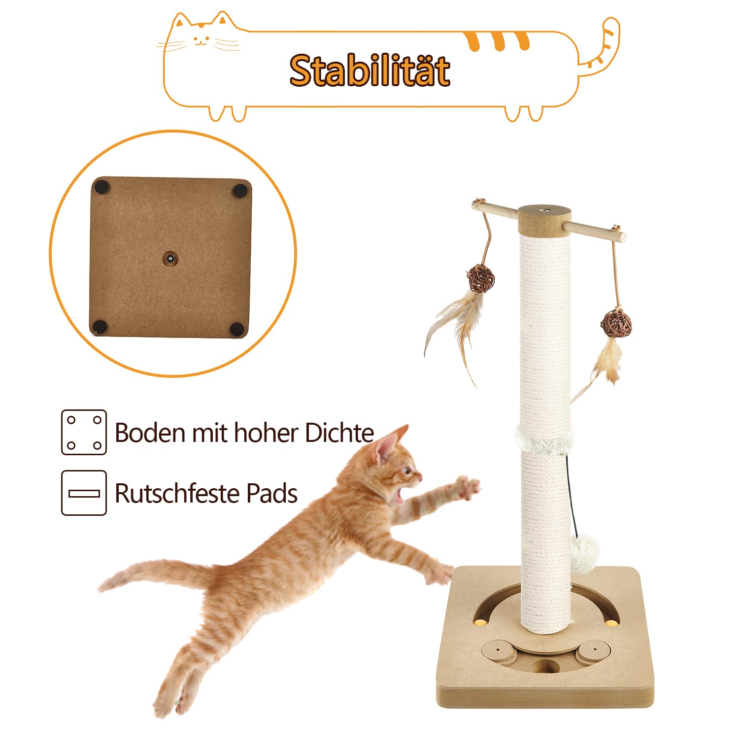AUSCAT Kratzsäule für Katzen, Kratzbaum mit Verschiedenen Interaktiven Spielzeug, Kratzstamm mit Natürlichem Sisalseil in Modernem Design- 63cm Beige