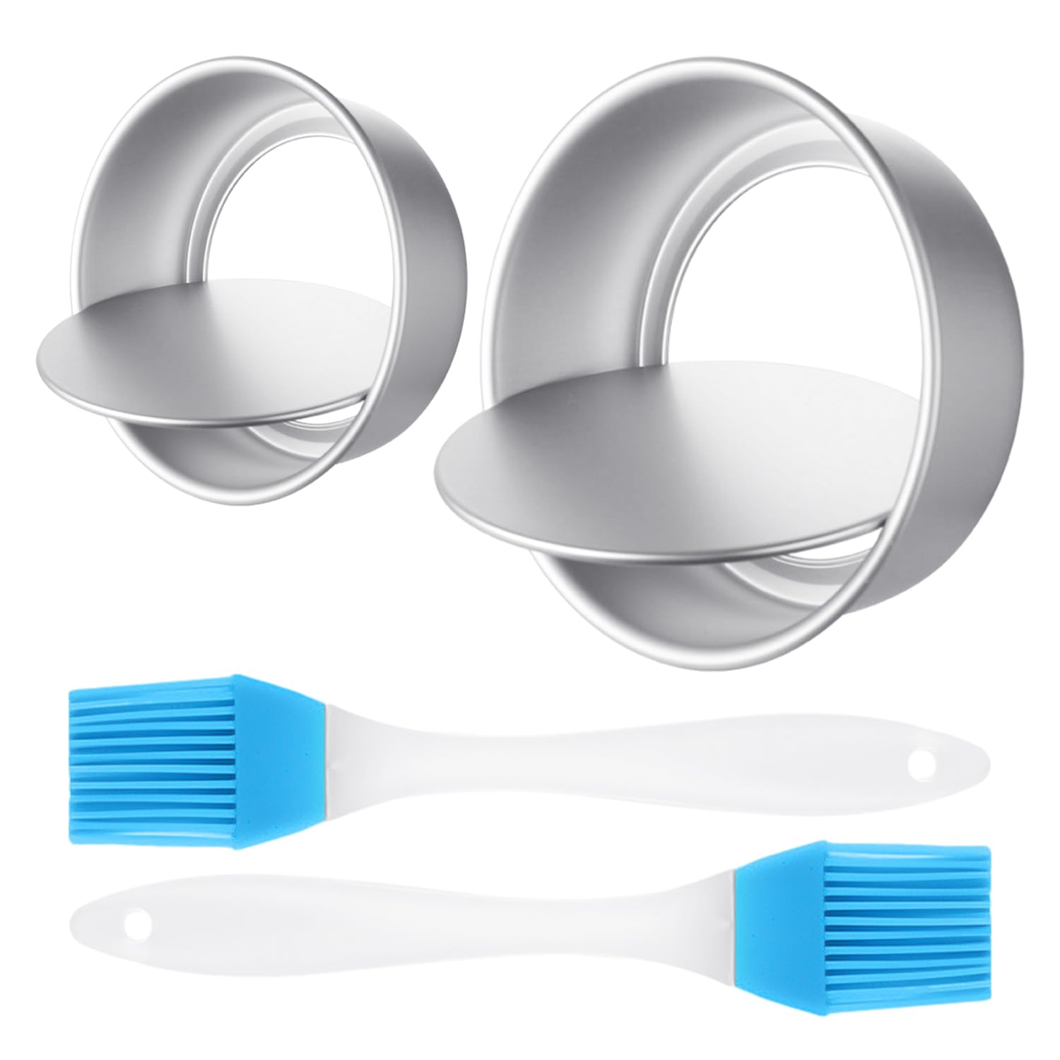 COACOM 2 moldes redondos para tartas, 2 cepillos de silicona, moldes de aluminio, moldes para tartas, base extraíble, herramientas de horneado para fiestas de cumpleaños y bodas