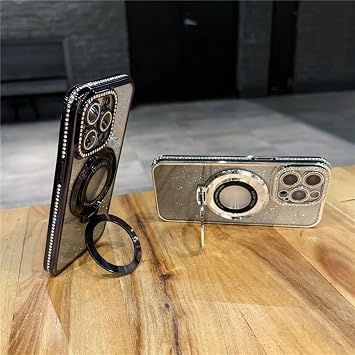 iPhone 13 Pro Max用 高級メッキ加工 光沢マグネットリングブラケットケース 耐衝撃カバー（iPhone 13 Pro Max用/ブラック）