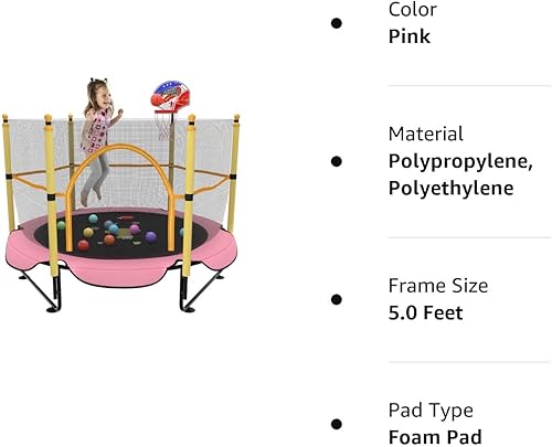 Miniatura 8 de Kawuneeche Trampolín de 5 pies para niños pequeños con red de seguridad, mini aro de baloncesto, tapete de salto para equipo de entretenimiento en