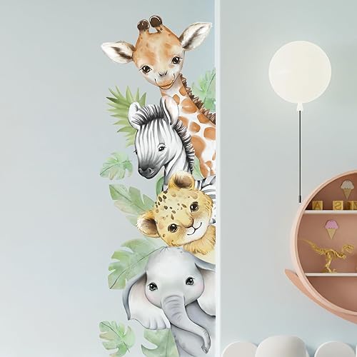 Miniatura 30 de Calcomanías de pared de animales de acuarela de 56.29 x 44.88 pulgadas, calcomanías de animales de selva, tigre, elefante, cebra, jirafa, mono