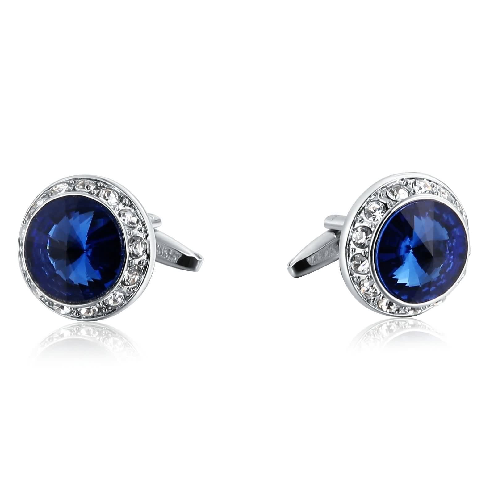 Banemi Gemelos de moda para hombre, gemelos para hombre, azul marino, acero inoxidable, redondos, circonita, regalo de negocios, 2 x 2 cm, Cristal, zirconia cúbica