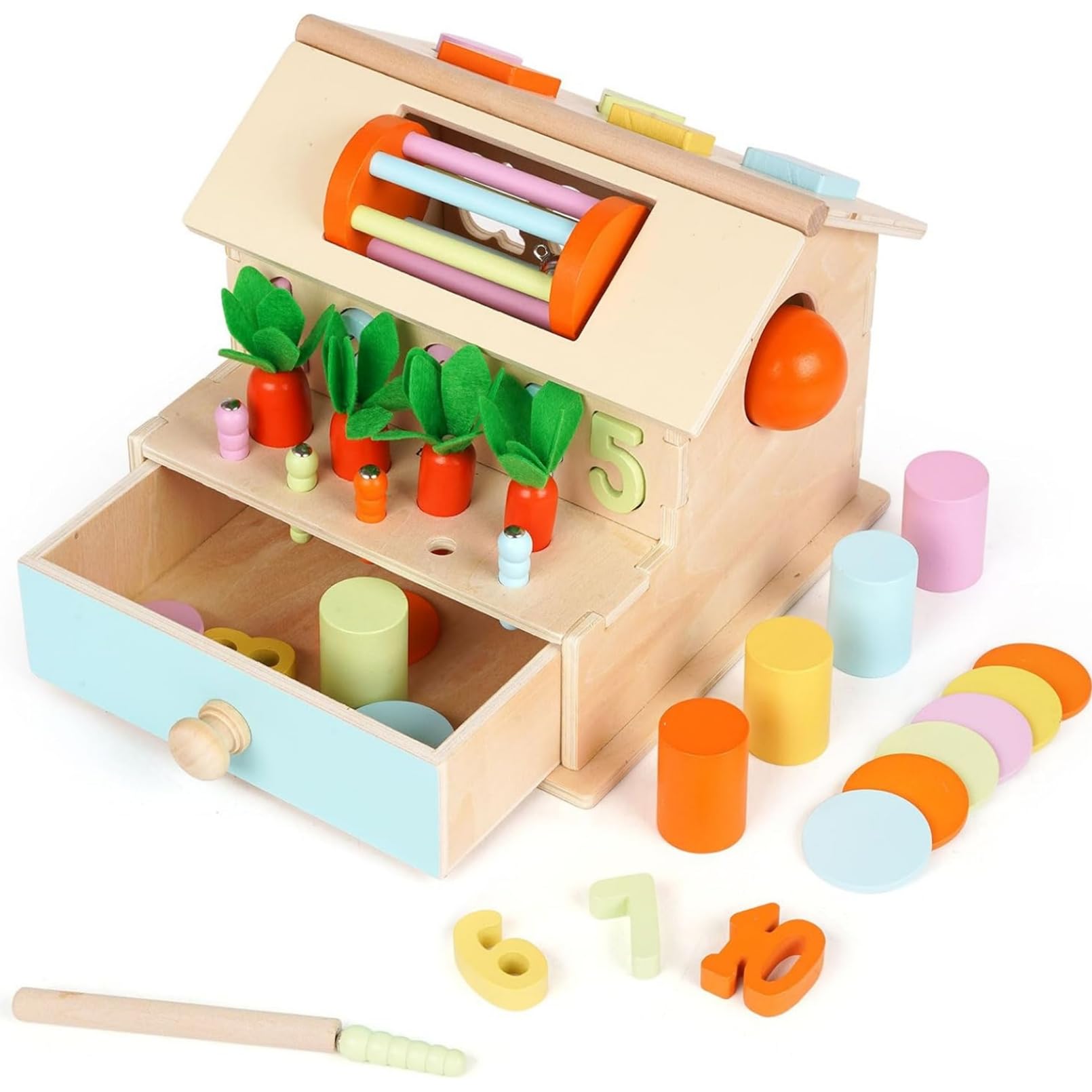 AM ANNA Montessori Toys for 1+ Year Old, 9-in-1 Wooden Play Kit Includes Object Permanent Box, Learning Activity Cube, Sorting & Stacking Toy, Carrot Harvest Game Gift for Boys Girls (9 IN 1)