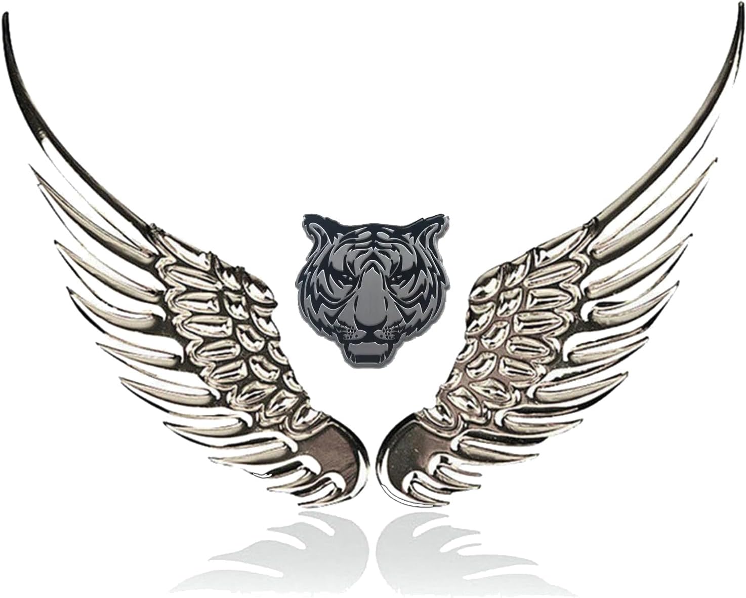 UGSHY 1 PC Car Tail Sticker, 4.92" x 1.37" All-Metal 3D Three-Dimensional Angel Wings Eagle Wings Decal, Modified Personalized Creative Decorative Sticker, Suitable for Various Car Models (Silver)