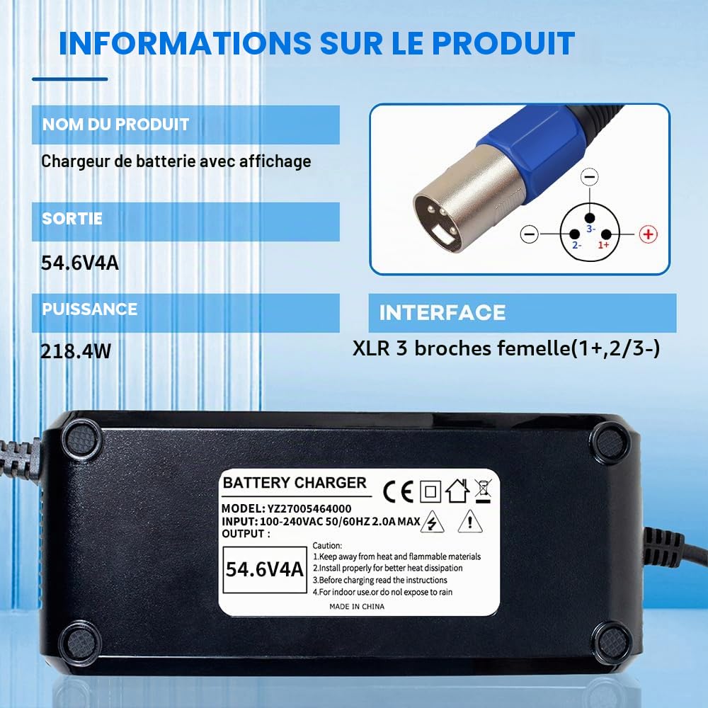 Chargeur de batterie au lithium 54,6 4 A - Pour vélo électrique - 48 V - 13 s - Prise XLR 3 broches - Adaptateur d'alimentation 48 V - Ventilateur intégré avec écran pour afficher la tension de charge
