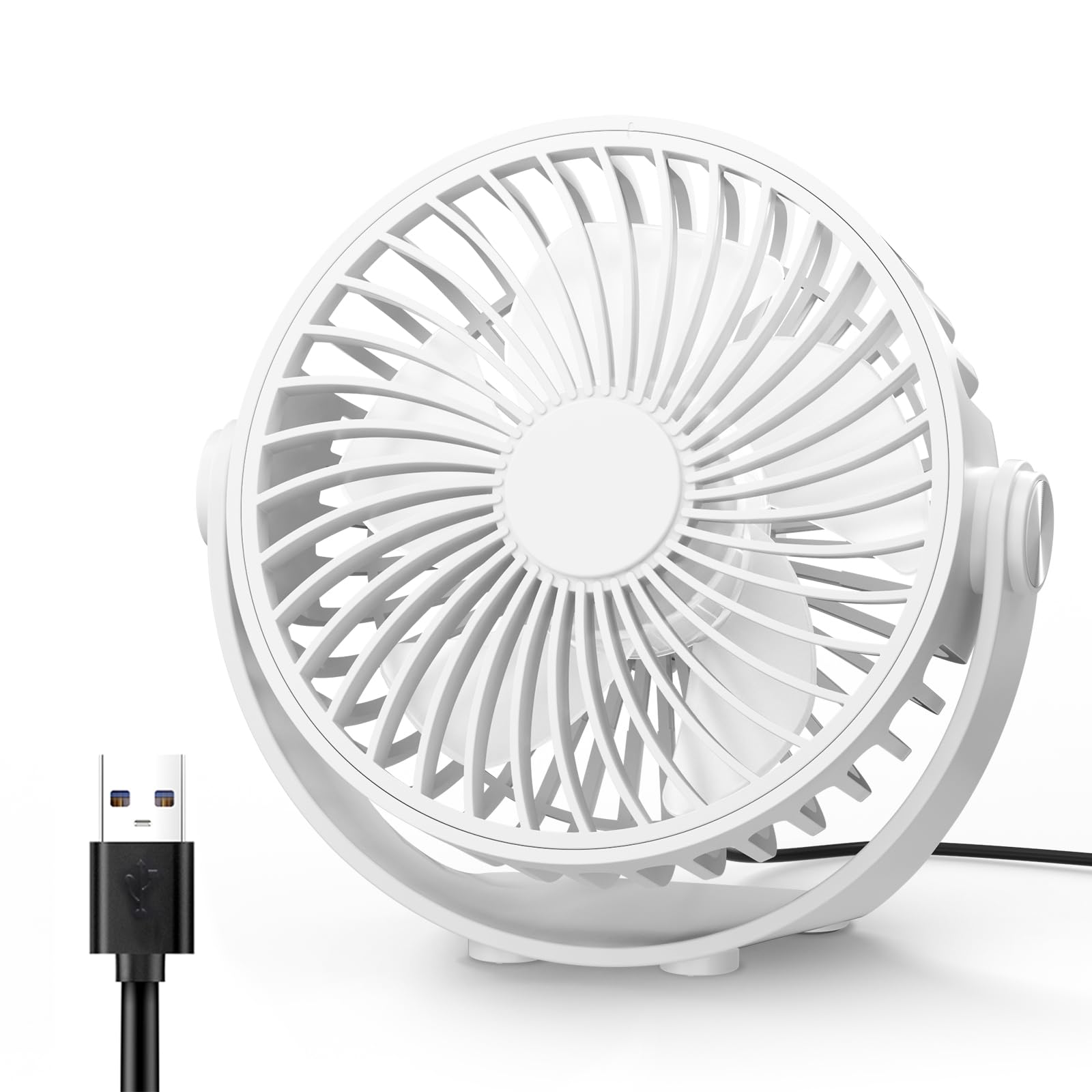 TriPole Desk Fan, Portable USB Fan Ultra Quiet, 3 Speed Powerful Table Fans with 360° Adjustable Head, Small Mini Fans for Office, Bedroom, Car, Kitchen, Outdoor (White)