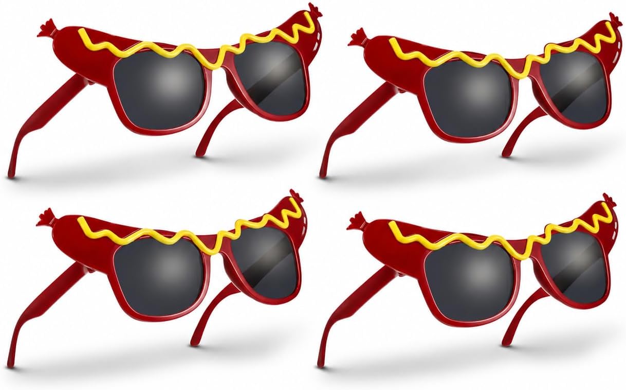 4 Pack Hot Dog Glasses Funny Novelty Sunglasses, Decorative Eyewears for Summer Party Costume Birthday Summer Luau Events, Hot Dog Costume Party Accessories Photo Prop Halloween