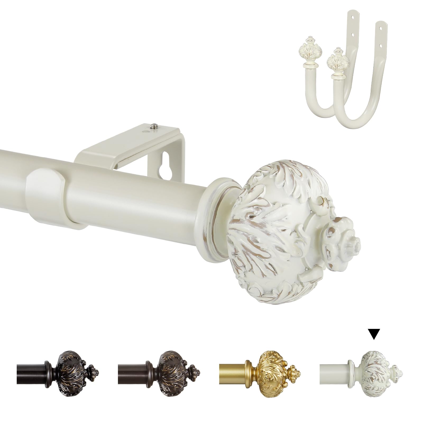 Single Curtain Rod with Albert Finials, 1 Inch Diameter, Adjustable 71-305cm, Bronze Gold/Weathered White/Gold, Heavy Duty with Mounting Hardware (Weathered white（+Holdbacks）, 213-304 cm)