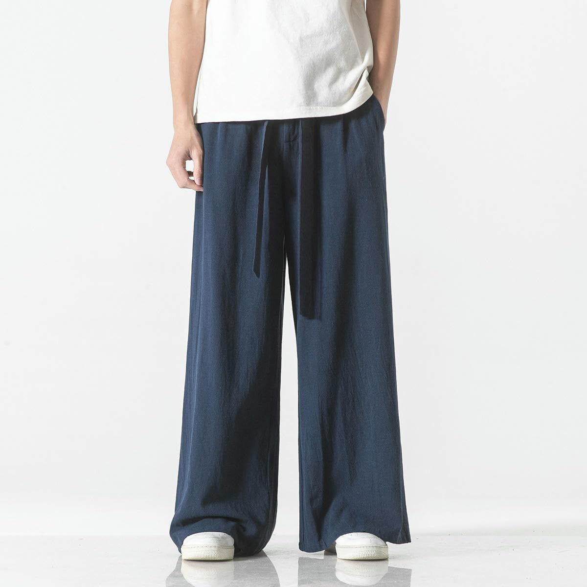Pantaloni da uomo primavera estate stile etnico cinese cotone lino casual vestibilità ampia gonna lunga con cavallo basso