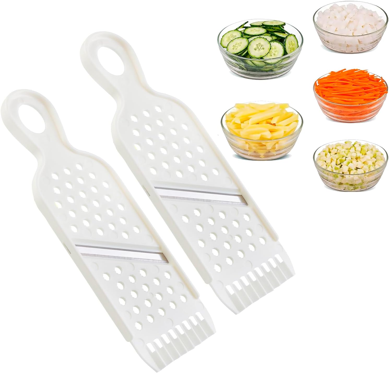 Multi Purpose Mandoline Vegetable Slicer for Kitchen, 3 in 1 Blade Potato Veggie Onion Tomato Slicer Safe Fruit Cutter Grater Julienne Peeler Handheld Cabbage Shredder (2 Pack, White)