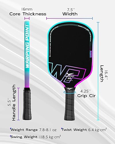 Miniatura 5 de Warping Point Paleta de pickleball Neon Gen 3, cara de fibra de carbono cruda T700, núcleo de panal de abeja de 0.630 in, diseño de una pieza, mango