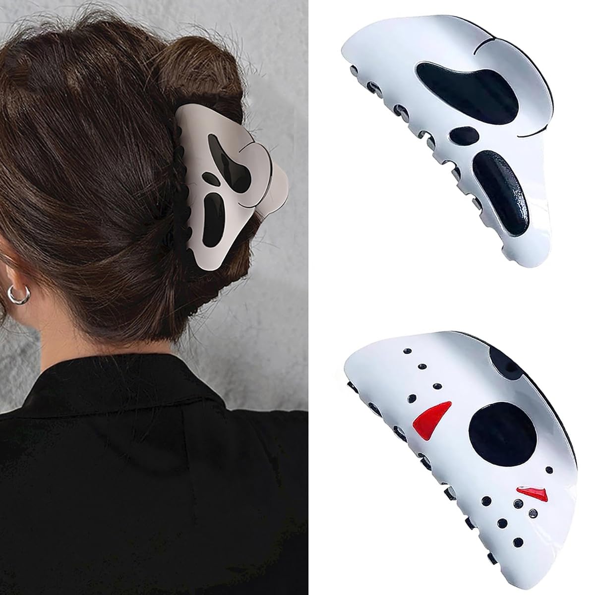 2 Stück große Halloween-Haarklammern, Geist, Gesicht, Haarnadeln, Masken, Haarspangen, Punk, Pferdeschwanz, Clip, Schrei, Grimassen, gruseliges Styling, Hai-Clip, lustiges Haar-Accessoire,