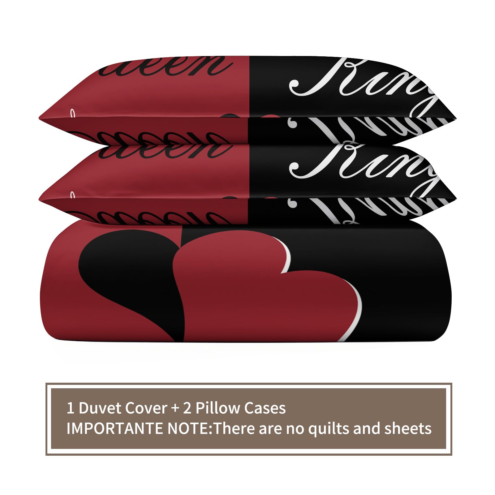Romantisches King Queen Pärchen Bettwäsche Set Rot Schwarz Herz Krone Bettbezug mit Kissenbezügen Romantische Liebe Bettwäsche Liebesmotiv Schlafzimmer Dekor Super King 260x230 cm