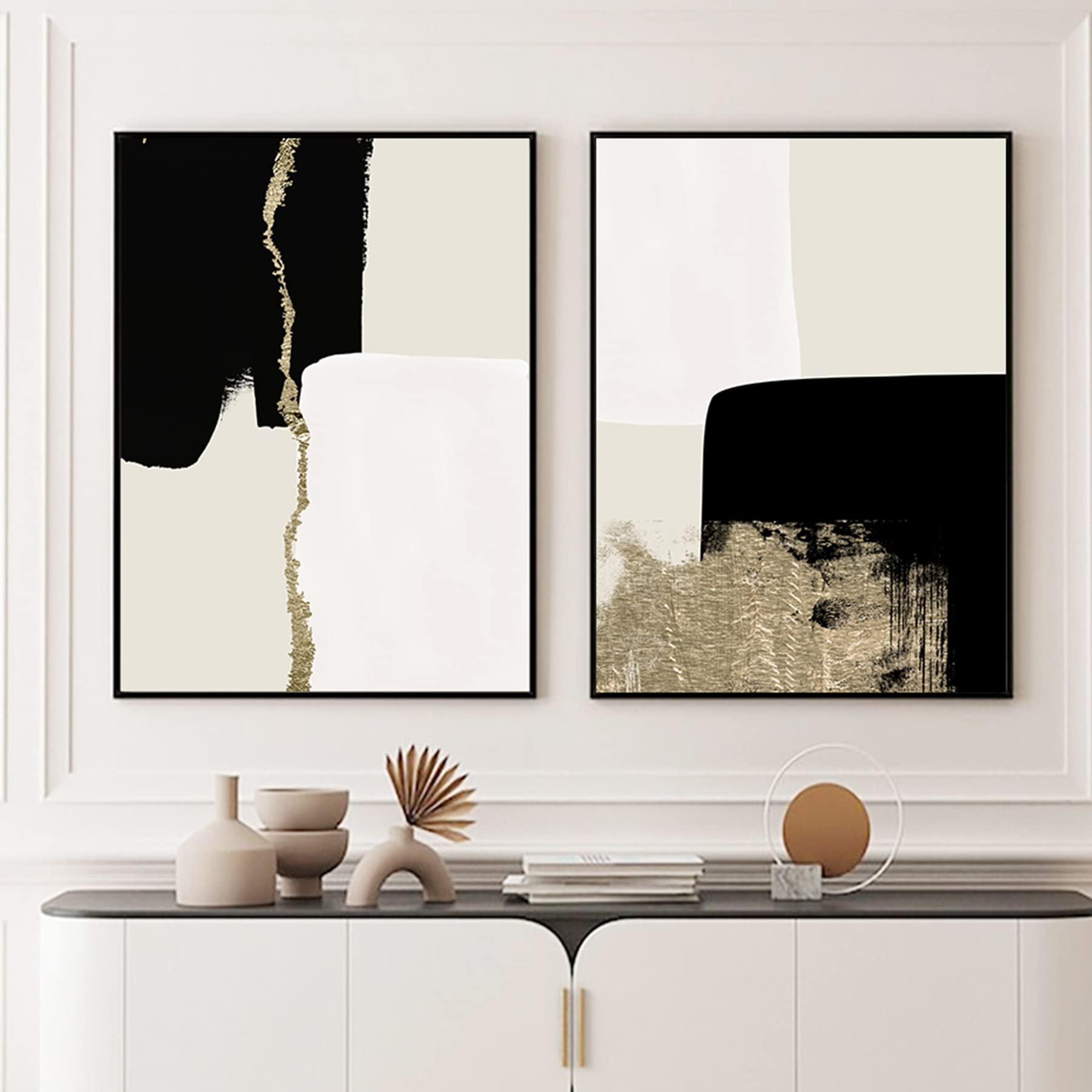 3-teilige Leinwand-Wandkunst – Handgemalt, Schwarz & Gold, 40,6x61 Cm, Gerahmt, Modern