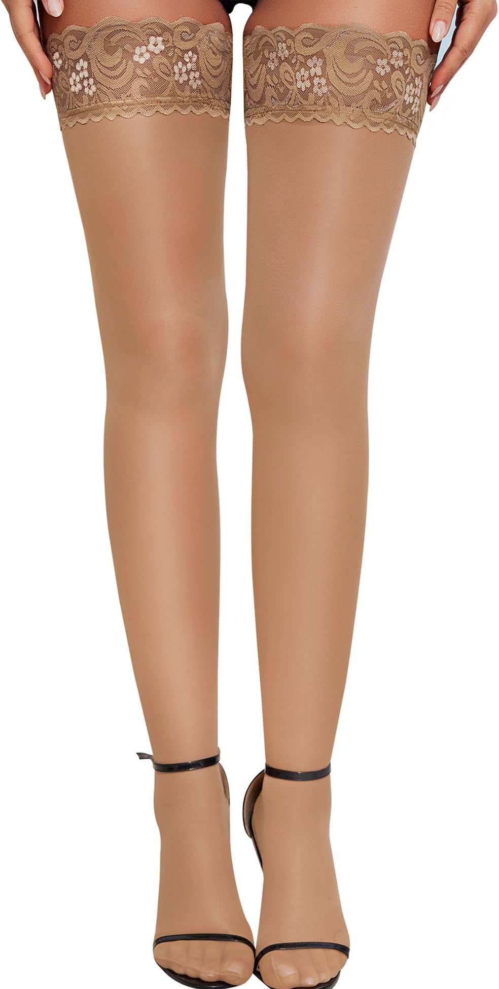 Women's Lace Top Thigh High Sheer Stockings Antiskid Silicone Ultra Shimmery Pantyhose
