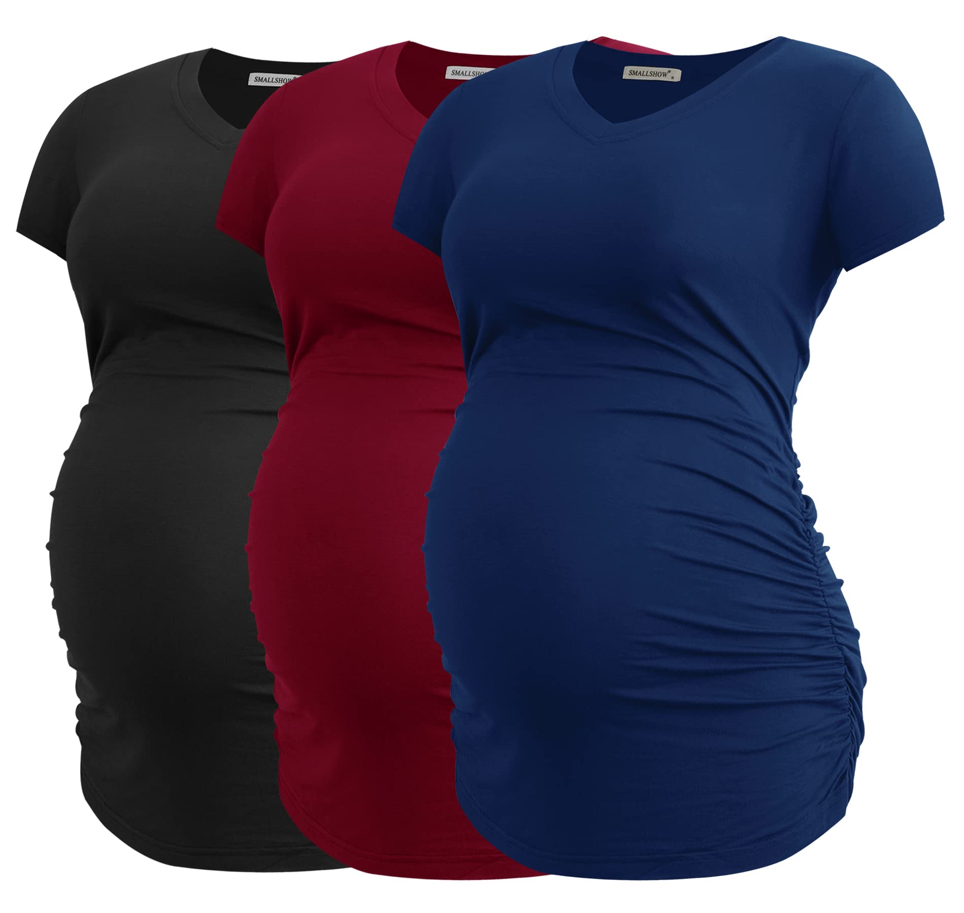 Smallshow Umstands-T-Shirt für Damen, V-Ausschnitt, seitlich gerüscht, Schwangerschafts-T-Shirt