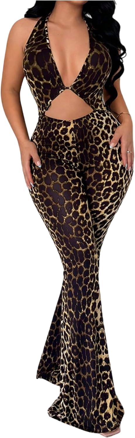SweatyRocks Women's Cut Out Deep V Neck Flare Leg Jumpsuits Bodycon Catsuits Going Out Club Outfits