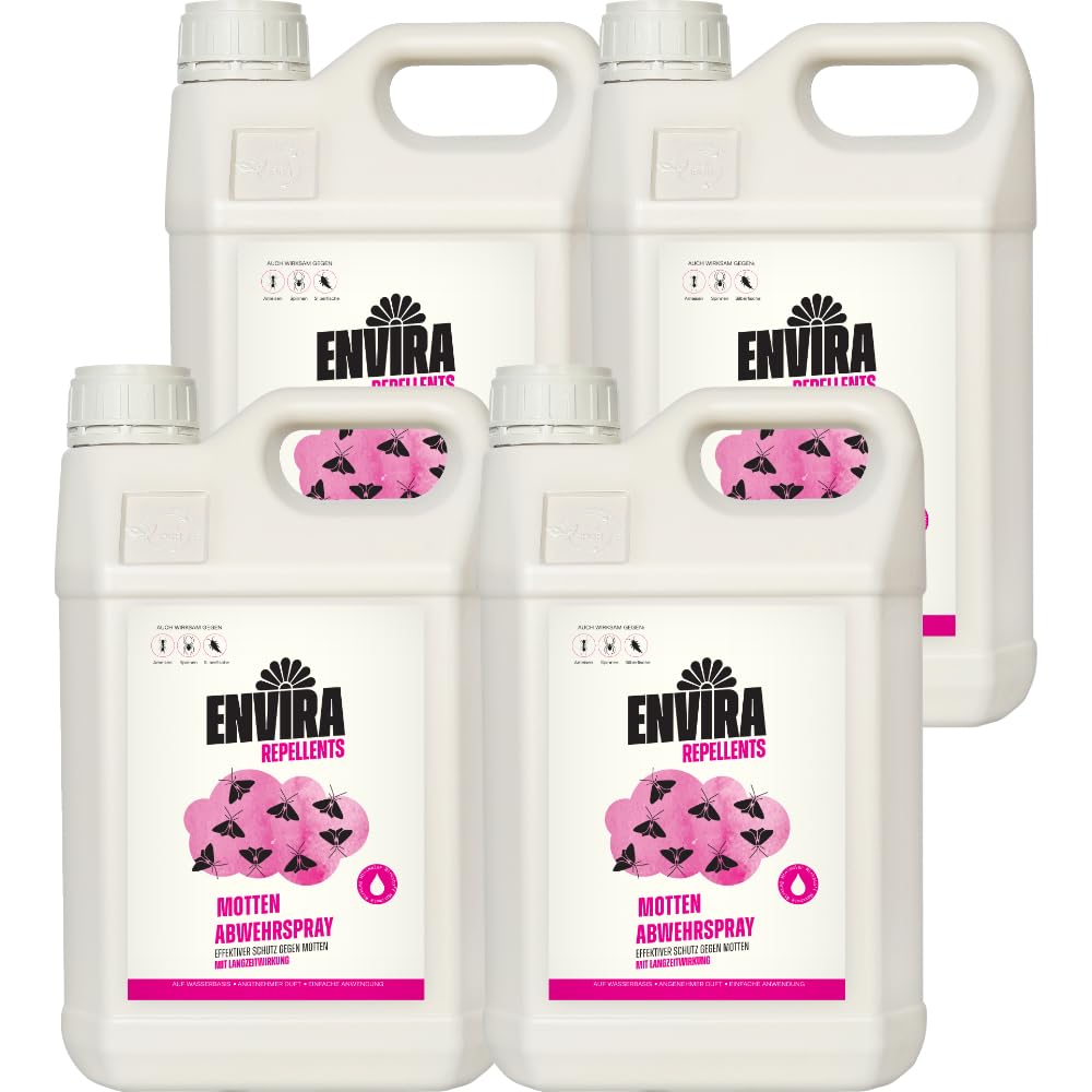 Envira Mottenspray 4 x 5 Liter - hochwirksam gegen Motten & Kleidermotten | Mottenschutz für den Kleiderschrank - Mittel gegen Lebensmittelmotten in der Wohnung, Langzeitwirkung