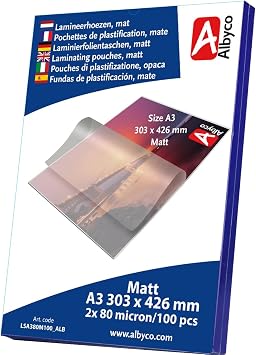Albyco Matte Laminating Pouches Laminating Pouches A3 Format 303 x 426 mm Thickness 2 x 80 160 Microns Matt Pack of 100 Transparent