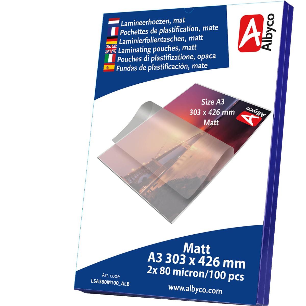 Albyco Matte Laminating Pouches, Laminating Pouches, A3 Format, 303 x 426 mm, Thickness 2 x 80 (160) Microns, Matt, Pack of 100, Transparent