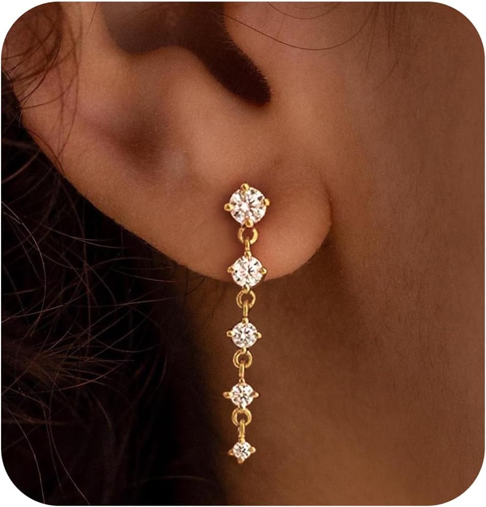 Ewrkbr Dangle Earrings for Women, Elegant Wedding Earrings 14K Gold Plated Long Cubic Zirconia Drop Earrings for Women Trendy Dainty Bridal Earrings Cute Dangly Wedding Jewelry