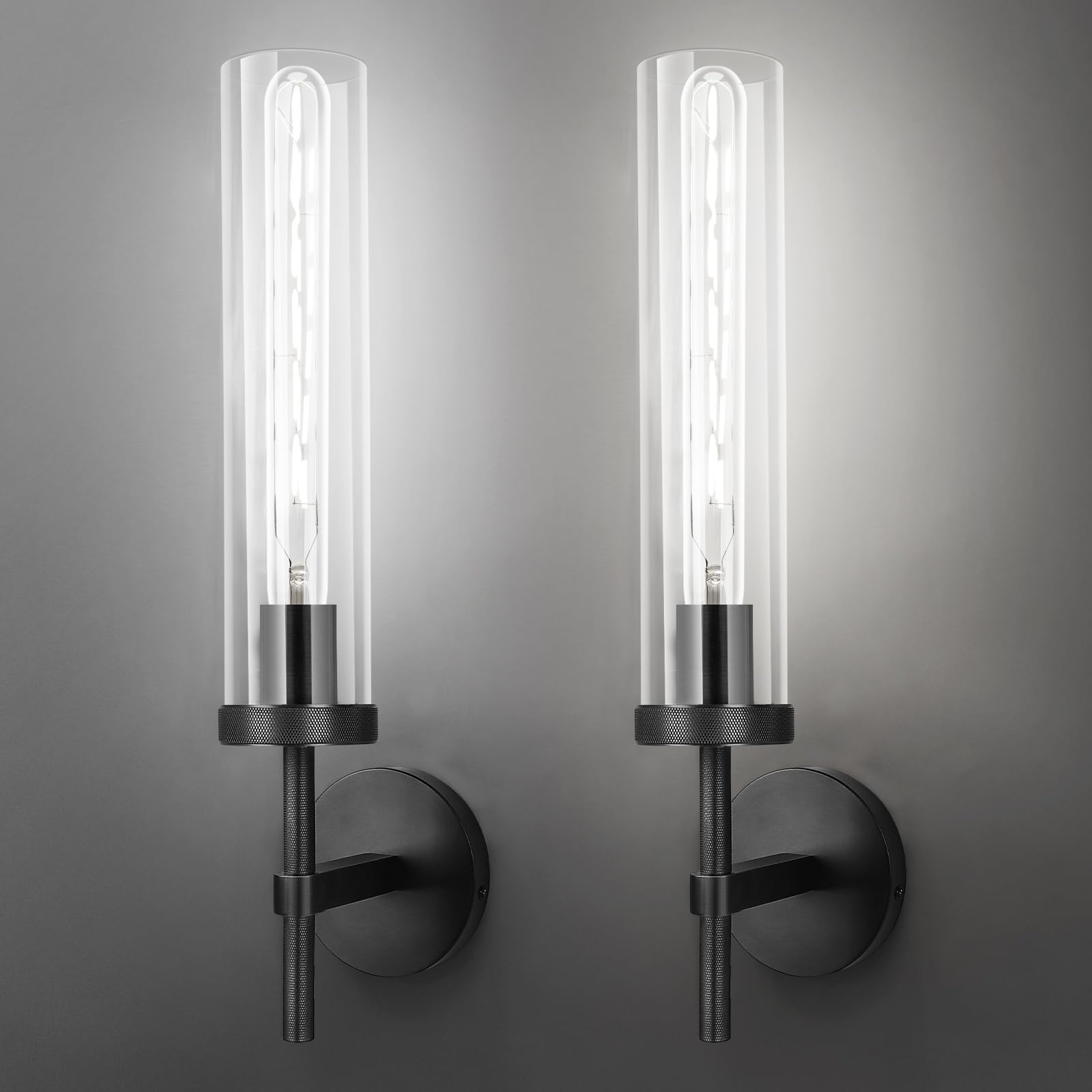 Black Wall Sconces Set of 2, 19.5" Knurled Matte Black Bathroom Vanity Light Fixture with Clear Glass Tube, Modern Industrial Wall Lamp for Bathroom Mirror Bedroom Living Room Hallway Stairs
