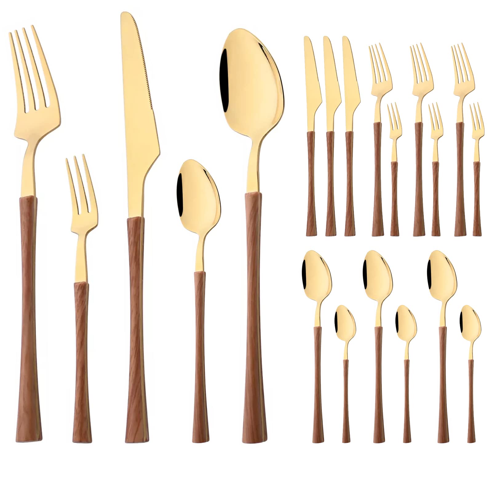 BRIIEC 20-piece Stainless Steel Flatware Set with Wooden Handle, Wood Silverware Set for 4, Mirror, Dishwasher Safe, for Home Kitchen Travel - Small Waist Handle Gold
